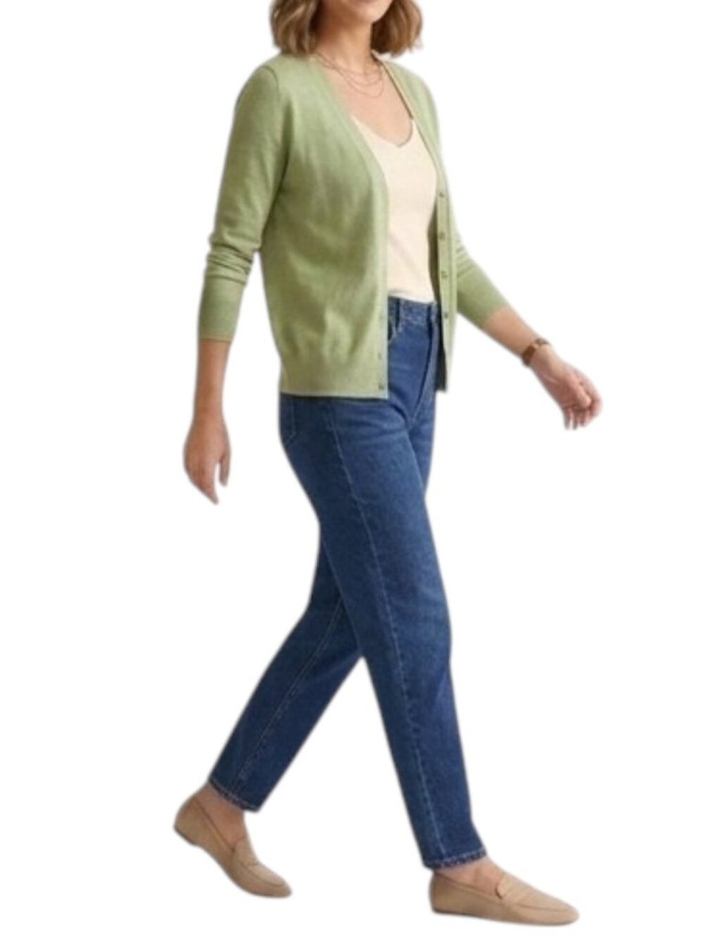 August Silk Green Medium Buttoned V-Neck Light Ribbed Cardigan Sweater